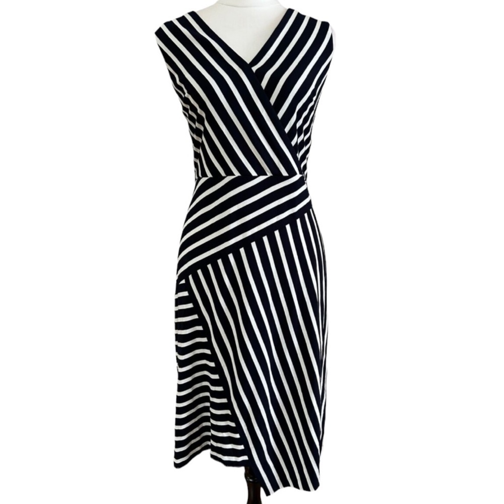 NWT Joseph Ribkoff Striped Faux Wrap Step Hem Dress Dark Blue White Size 12